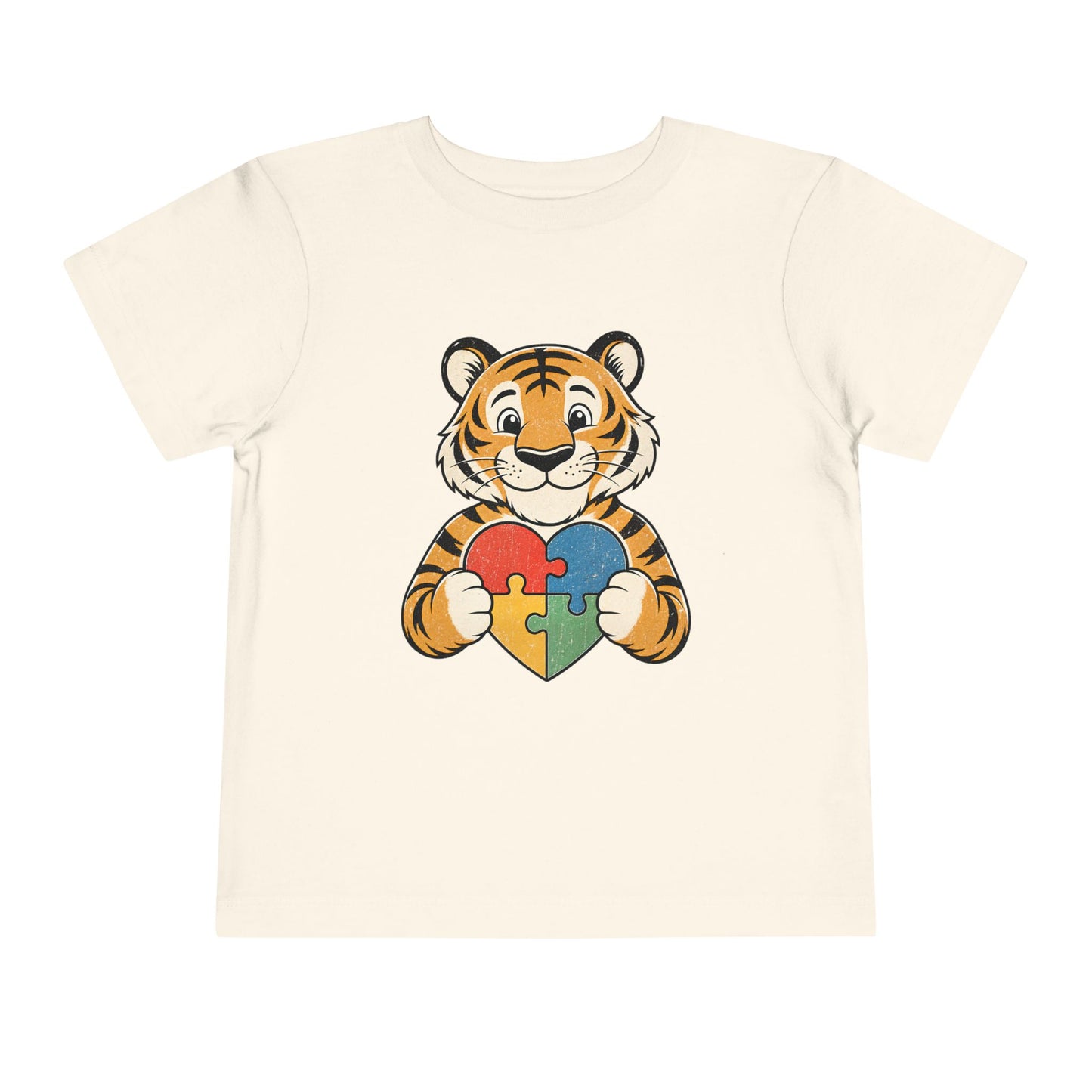 Toddler Tee — Cute Tiger Holding Autism Puzzle Heart - Natural, 5T image