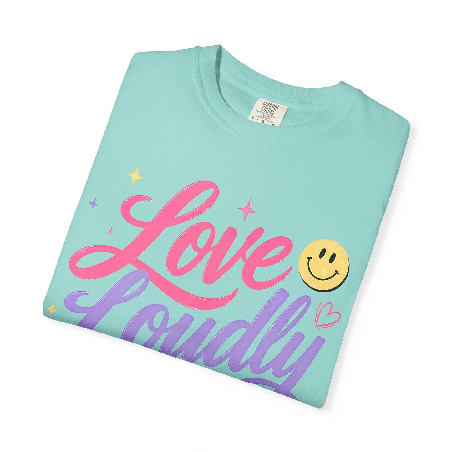 Love Loudly Graphic T‑Shirt — Rainbow Smiley Retro Script Tee image 14