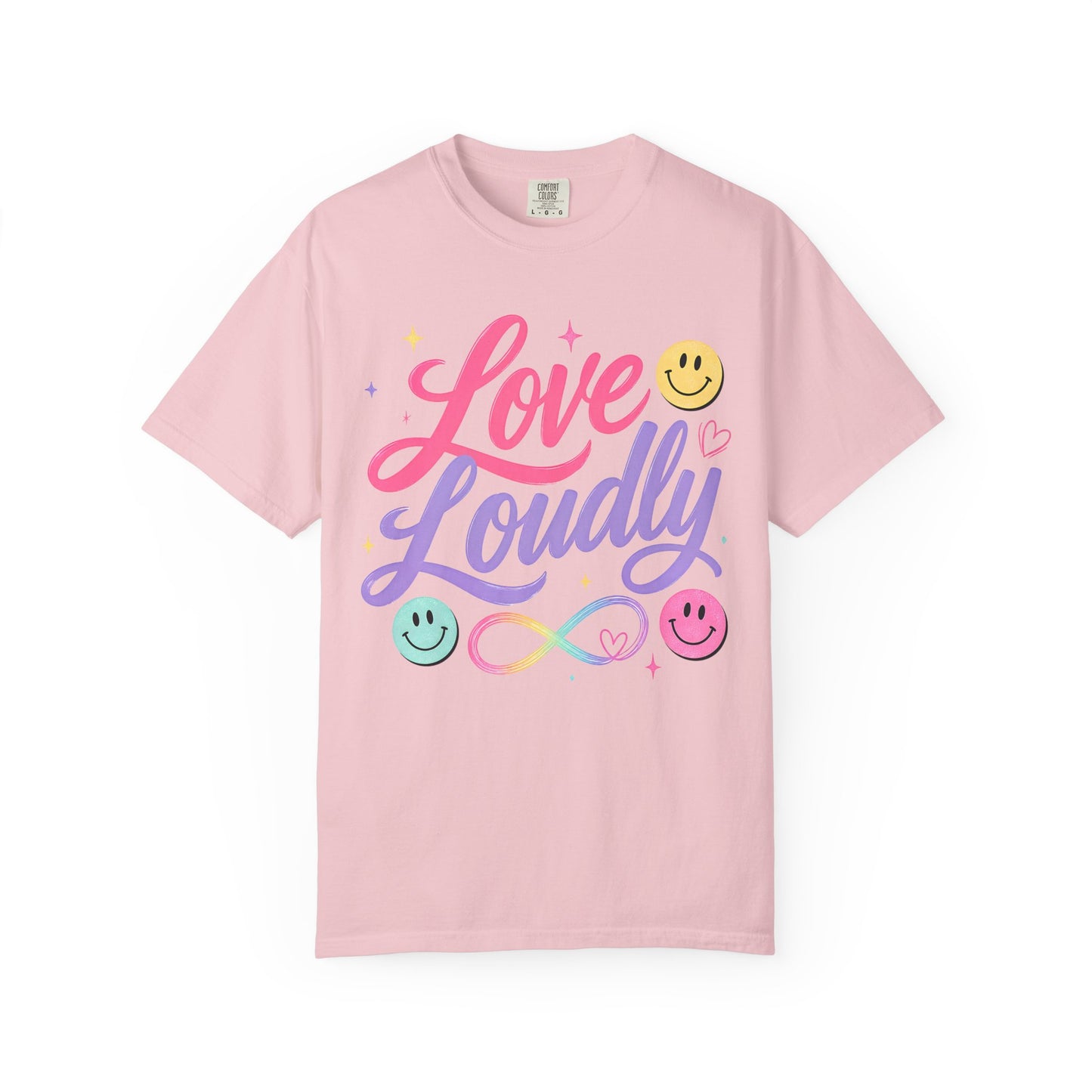 Love Loudly Graphic T‑Shirt — Rainbow Smiley Retro Script Tee image 16