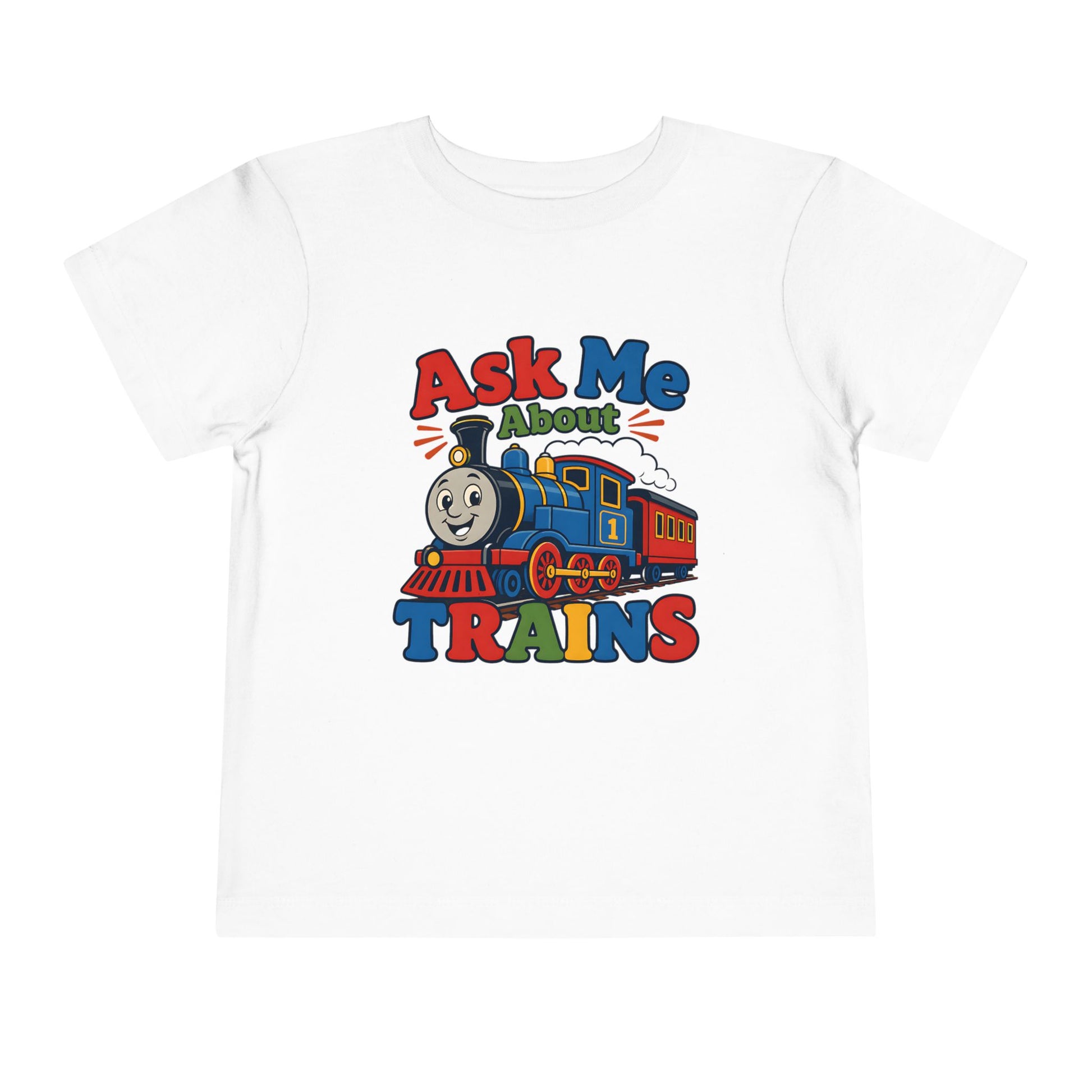 Toddler Tee — "Ask Me About Trains" Cute Kids Train Graphic Shirt - White, 5T image
