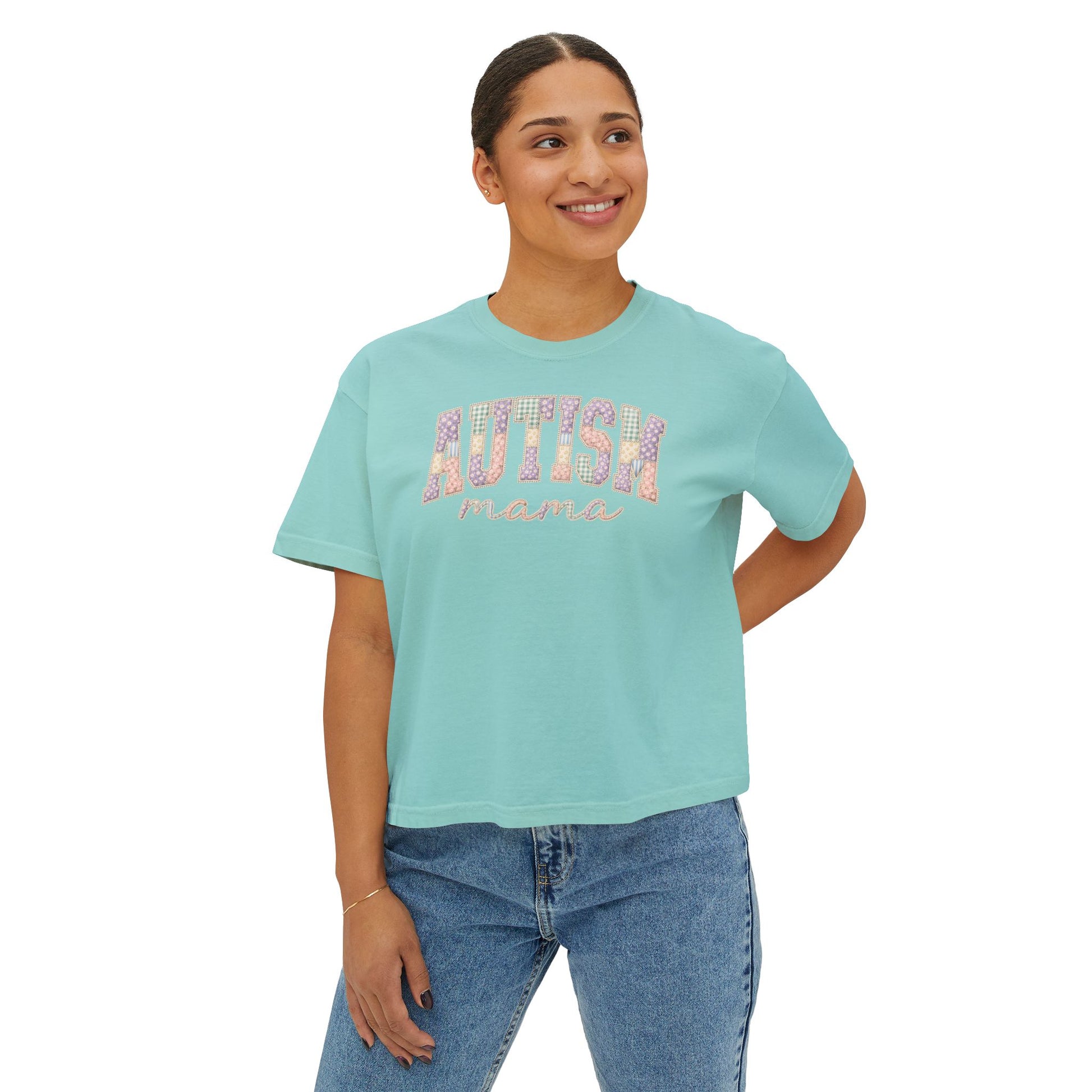 Autism Mama Boxy Tee — Pastel Patchwork Lettering T‑Shirt image 14