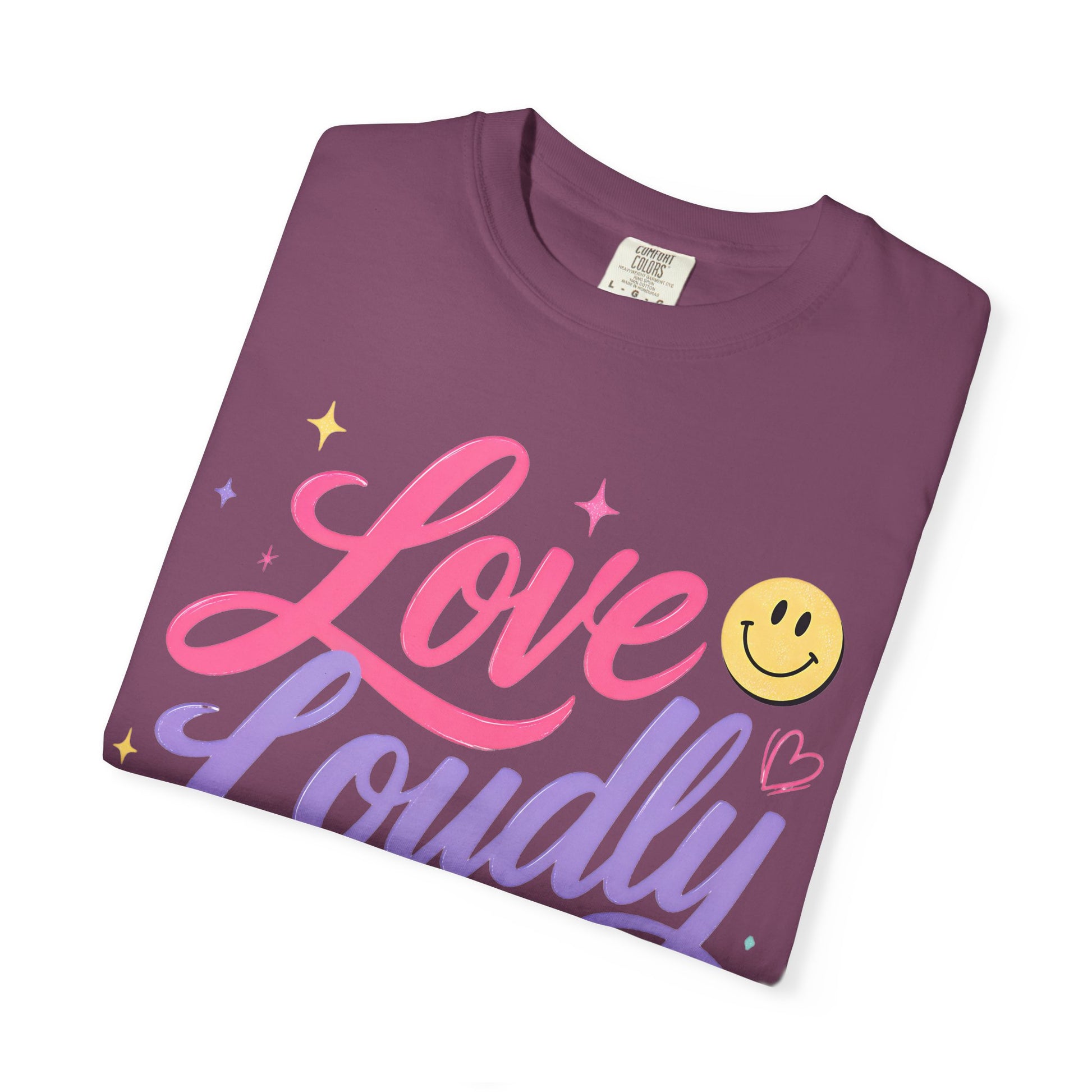 Love Loudly Graphic T‑Shirt — Rainbow Smiley Retro Script Tee image 22