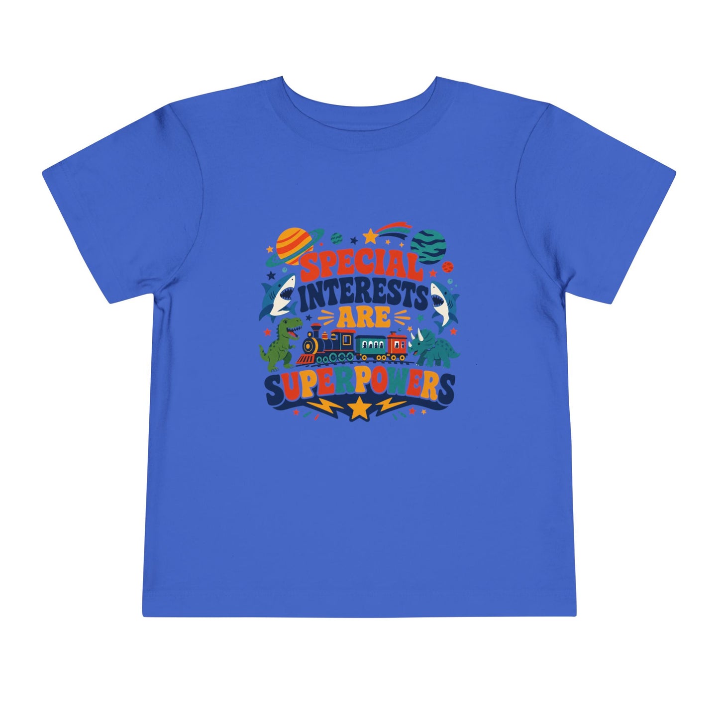 Toddler Tee — “Special Interests Are Superpowers” Colorful Space &amp; Dino Graphic - True Royal, 3T image