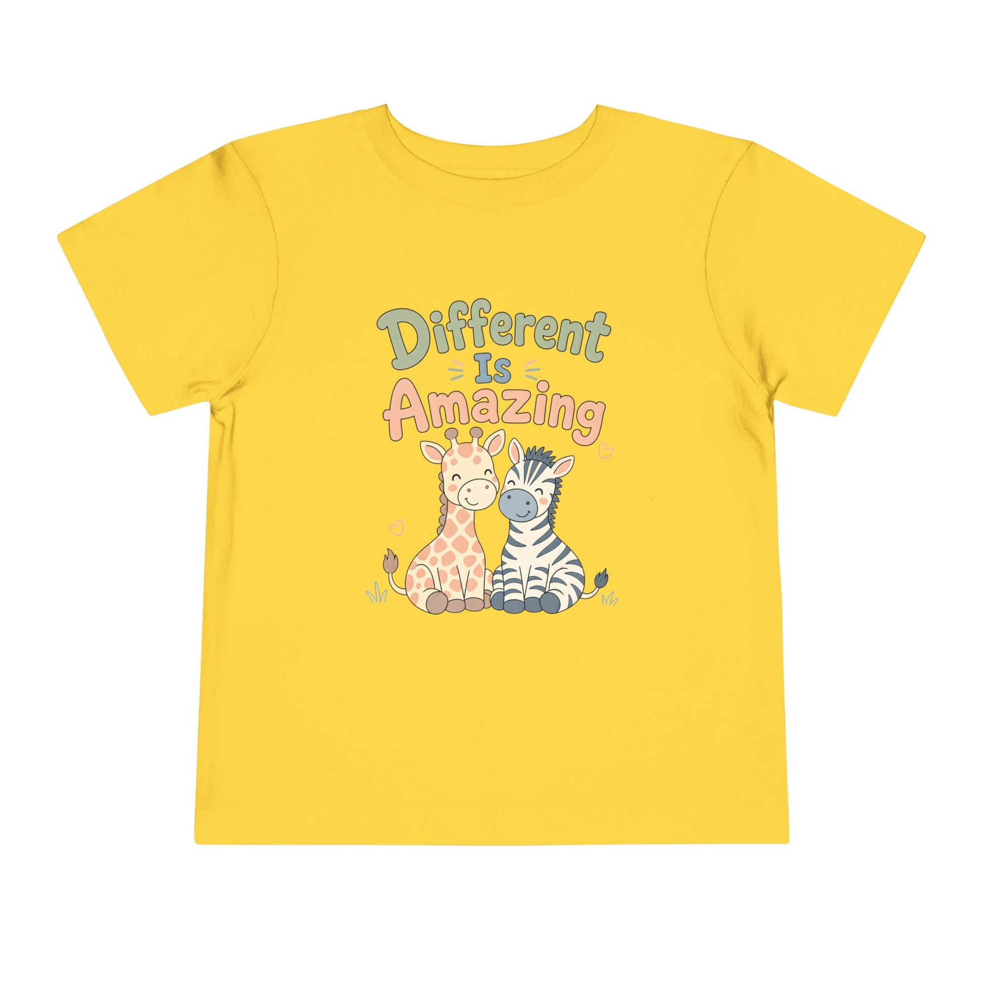 Toddler Tee — "Different Is Amazing" Giraffe &amp; Zebra Diversity Kids Shirt - Yellow, 2T image