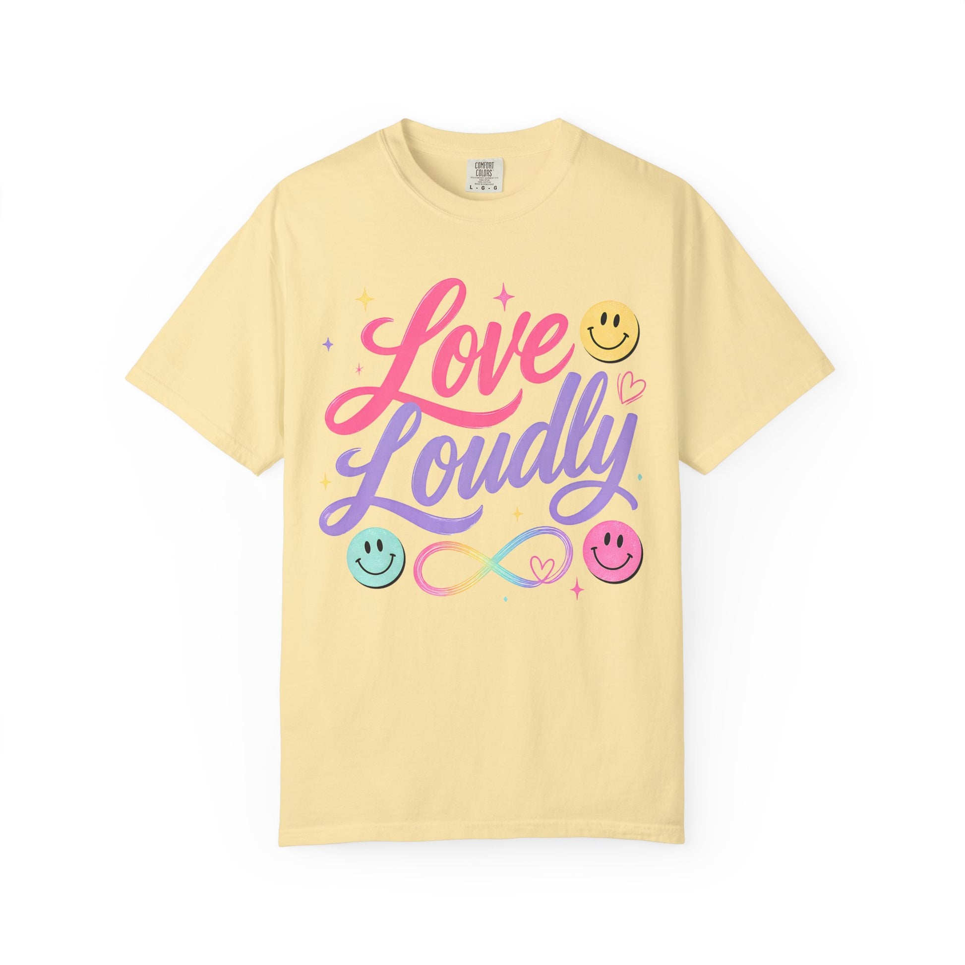 Love Loudly Graphic T‑Shirt — Rainbow Smiley Retro Script Tee image