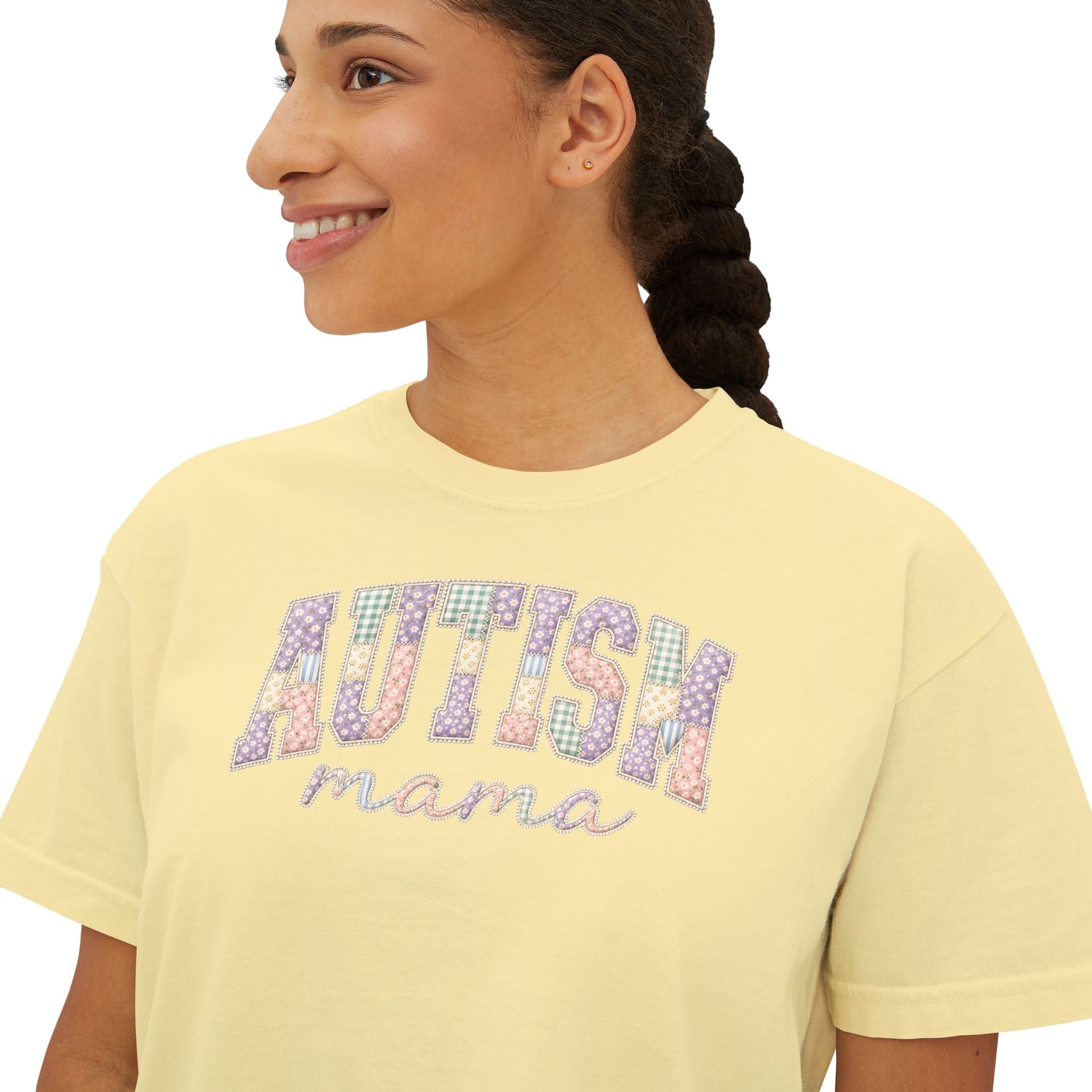Autism Mama Boxy Tee — Pastel Patchwork Lettering T‑Shirt image 10