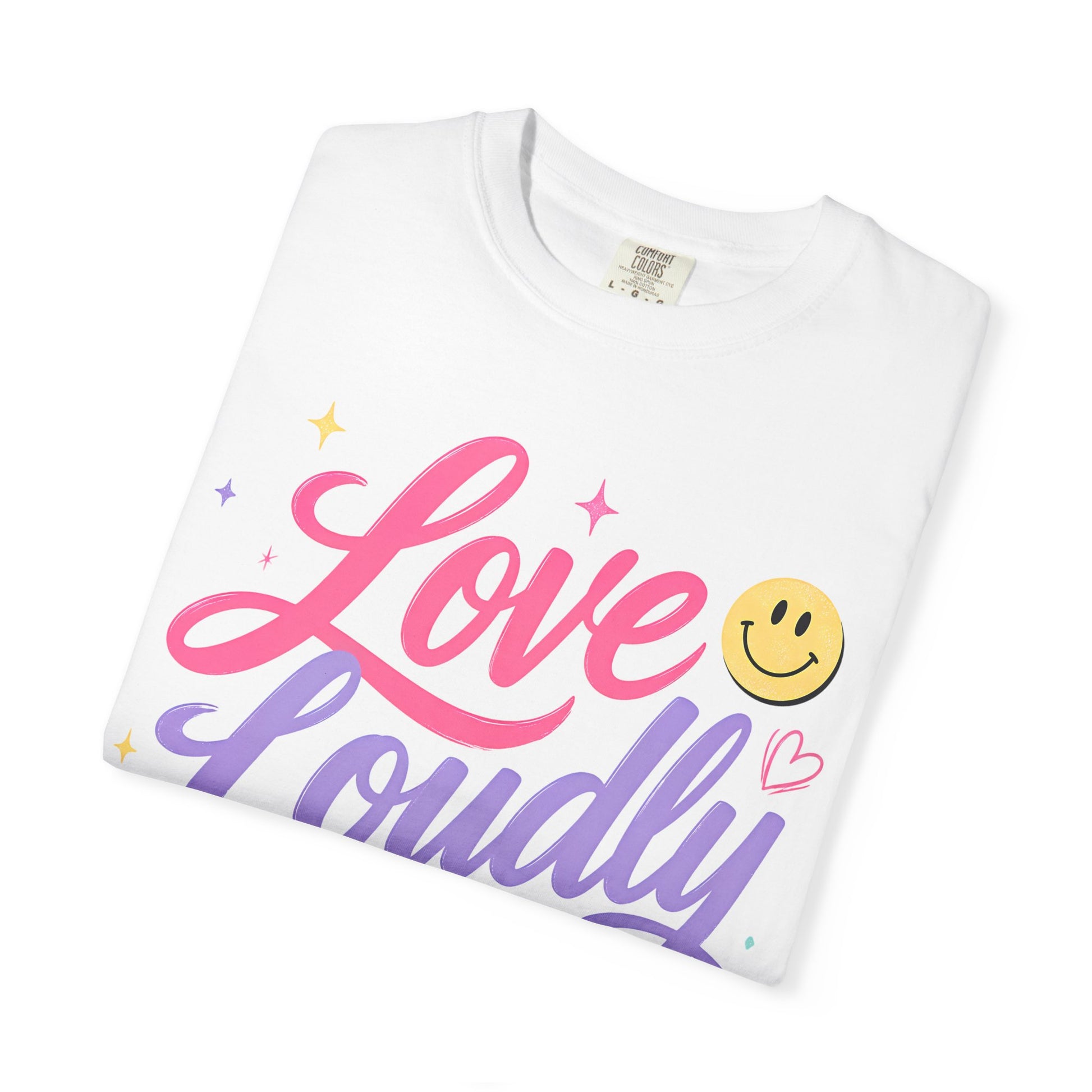 Love Loudly Graphic T‑Shirt — Rainbow Smiley Retro Script Tee image 6