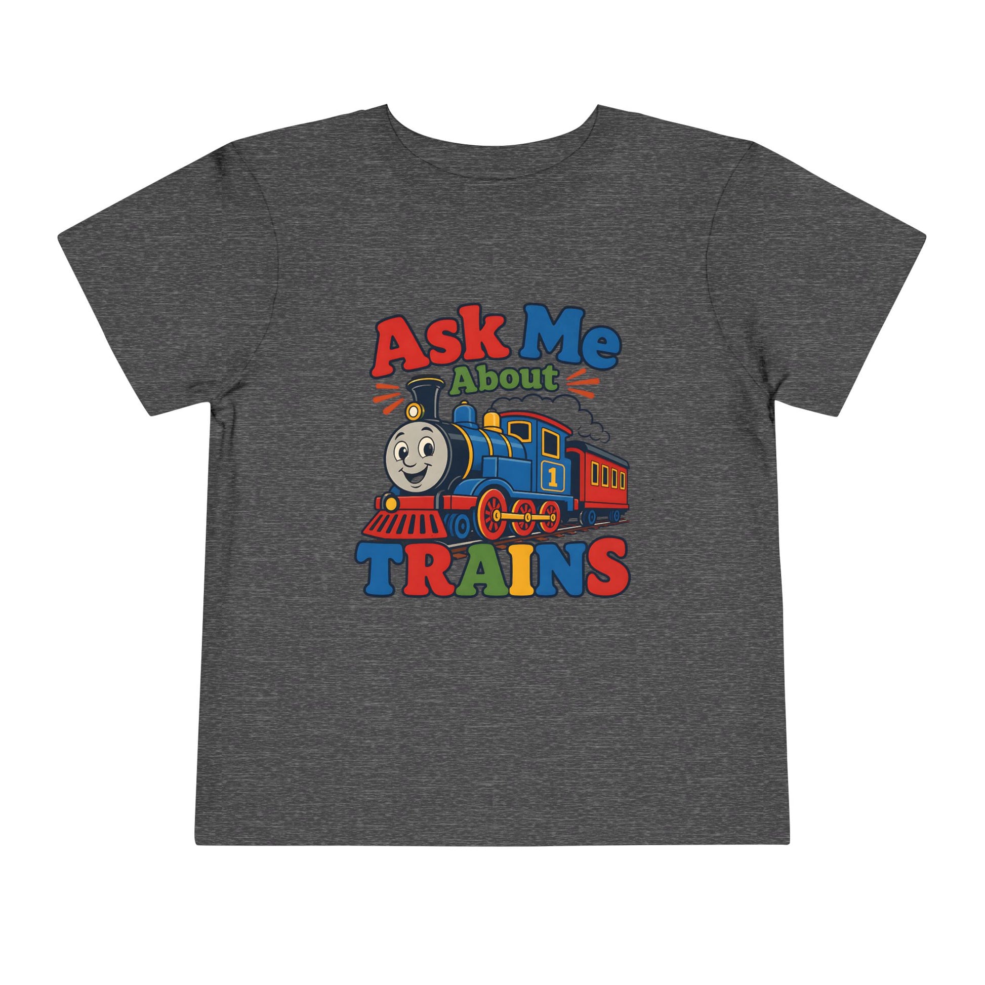 Toddler Tee — "Ask Me About Trains" Cute Kids Train Graphic Shirt - Dark Heather Grey, 2T image