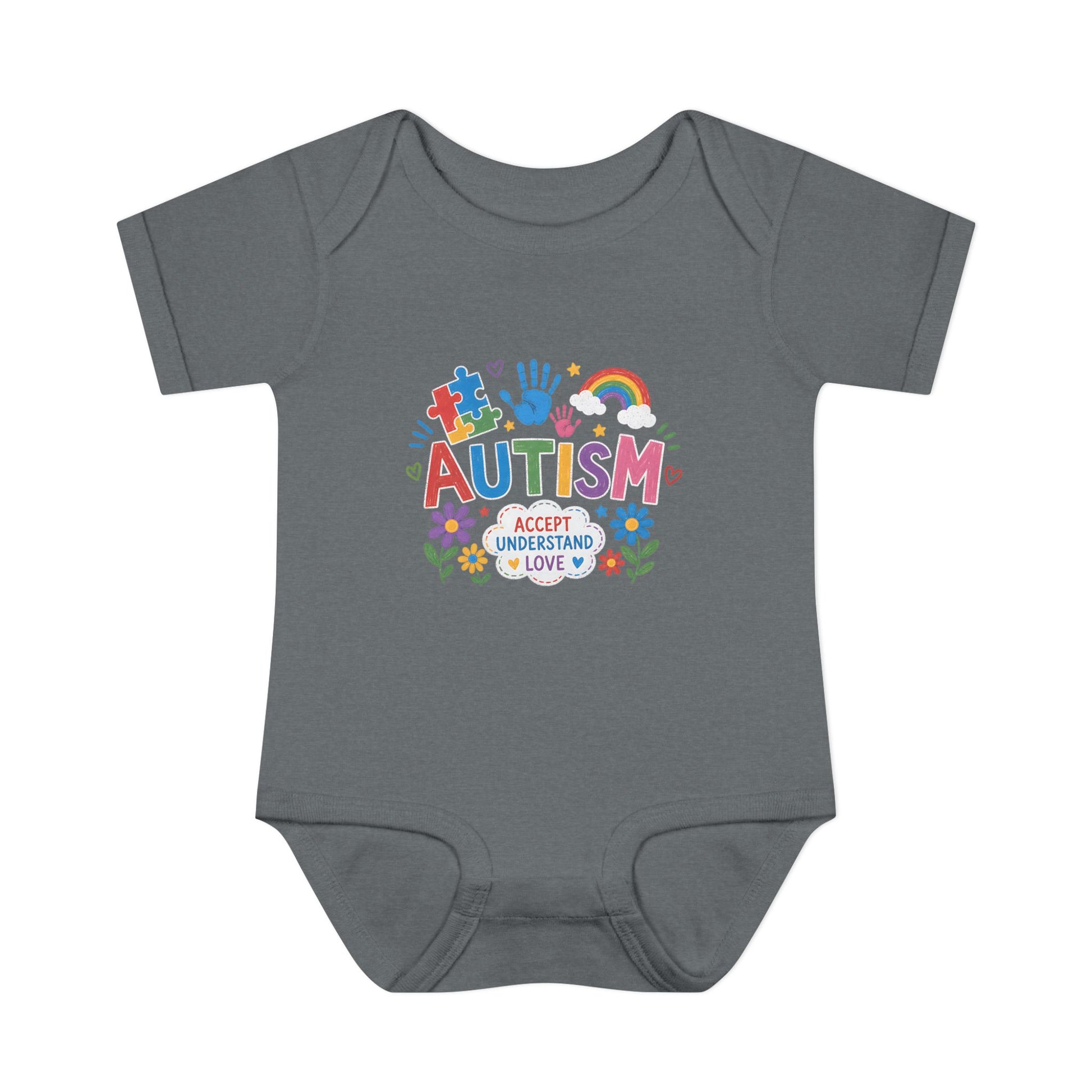 Autism Awareness Infant Bodysuit — 'Accept Understand Love' Colorful Design - 18M, Granite Heather image