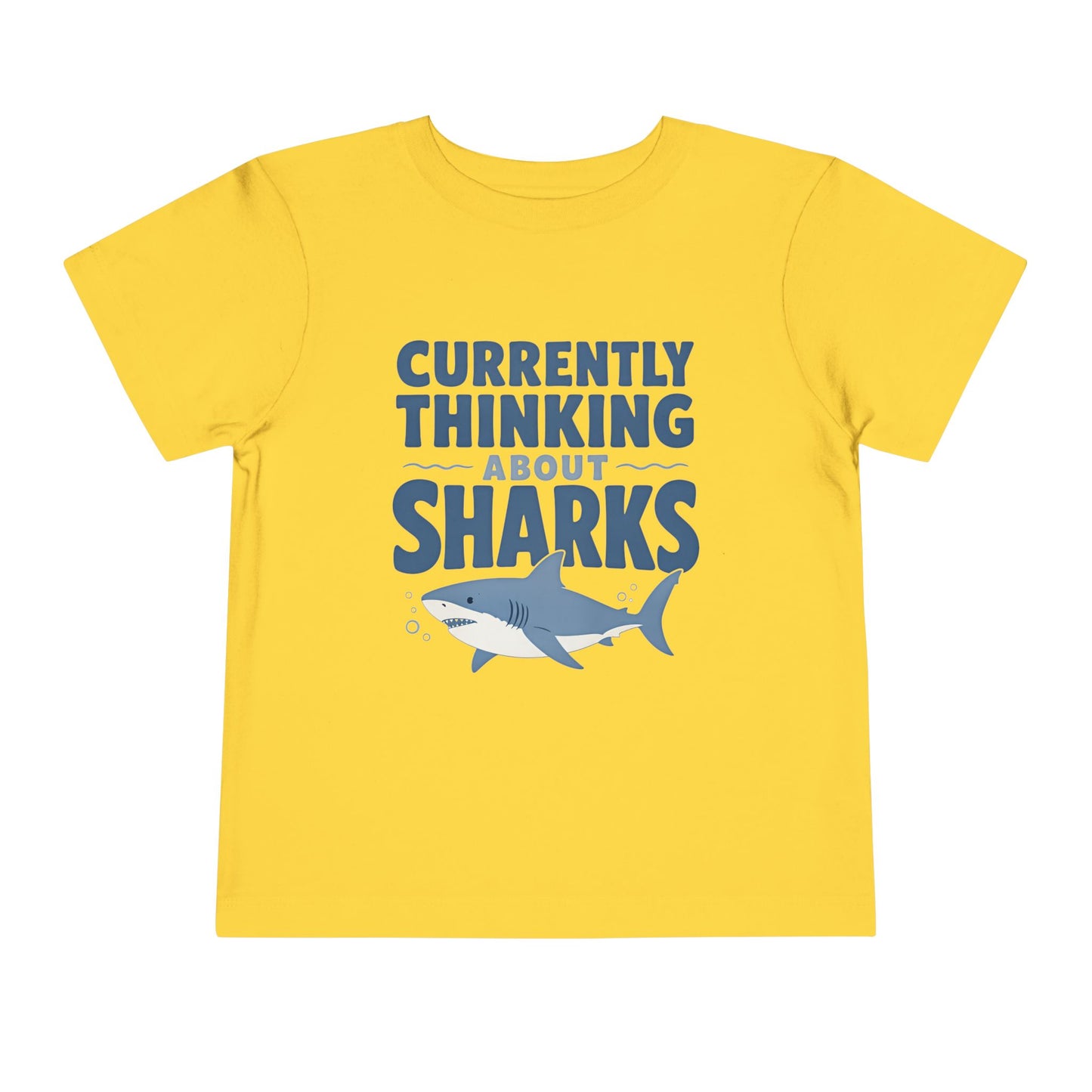 Toddler Tee - "Currently Thinking About Sharks" Cute Shark Graphic Shirt for Kids - Yellow, 3T image