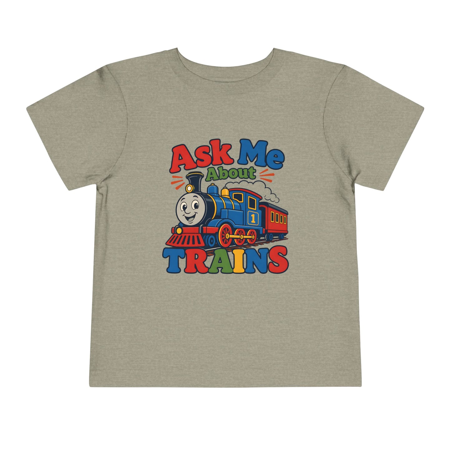 Toddler Tee — "Ask Me About Trains" Cute Kids Train Graphic Shirt - Heather Stone, 2T image