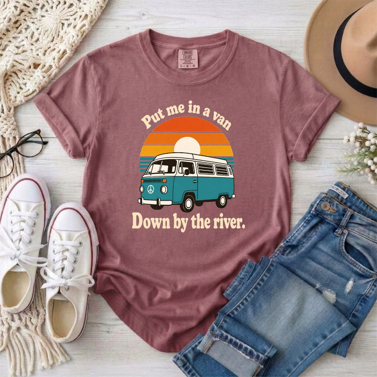 "Put me in a van Down by the river" Retro Camper Van T-Shirt – Vintage Sunset Tee