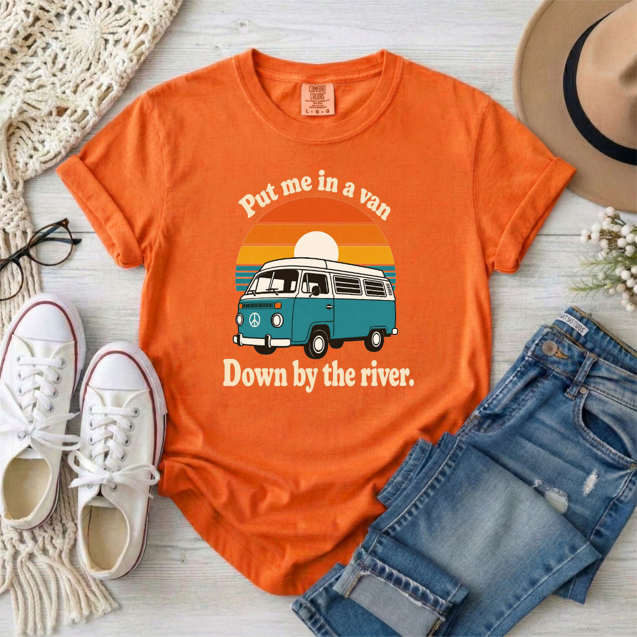 "Put me in a van Down by the river" Retro Camper Van T-Shirt – Vintage Sunset Tee