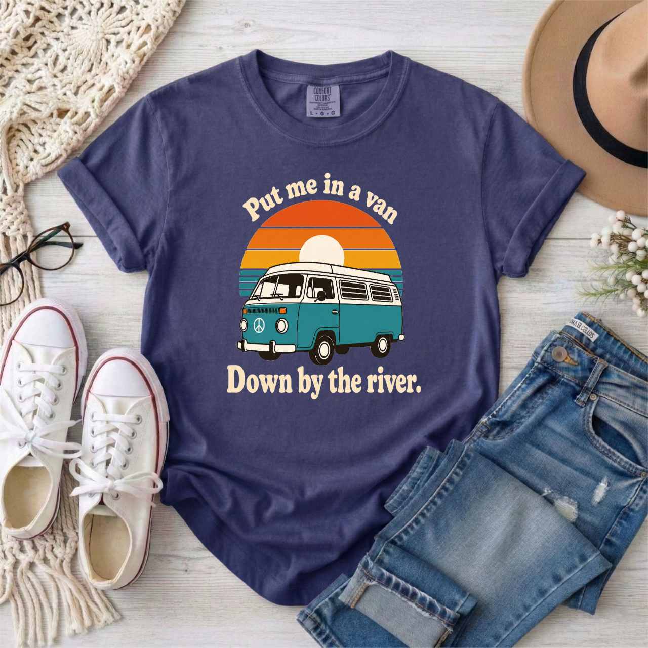 "Put me in a van Down by the river" Retro Camper Van T-Shirt – Vintage Sunset Tee