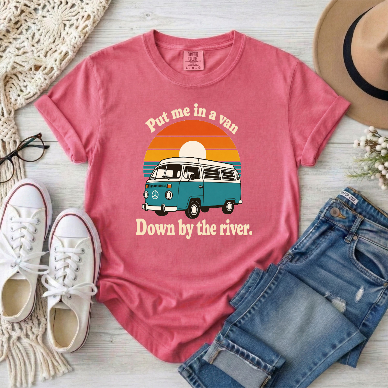 "Put me in a van Down by the river" Retro Camper Van T-Shirt – Vintage Sunset Tee