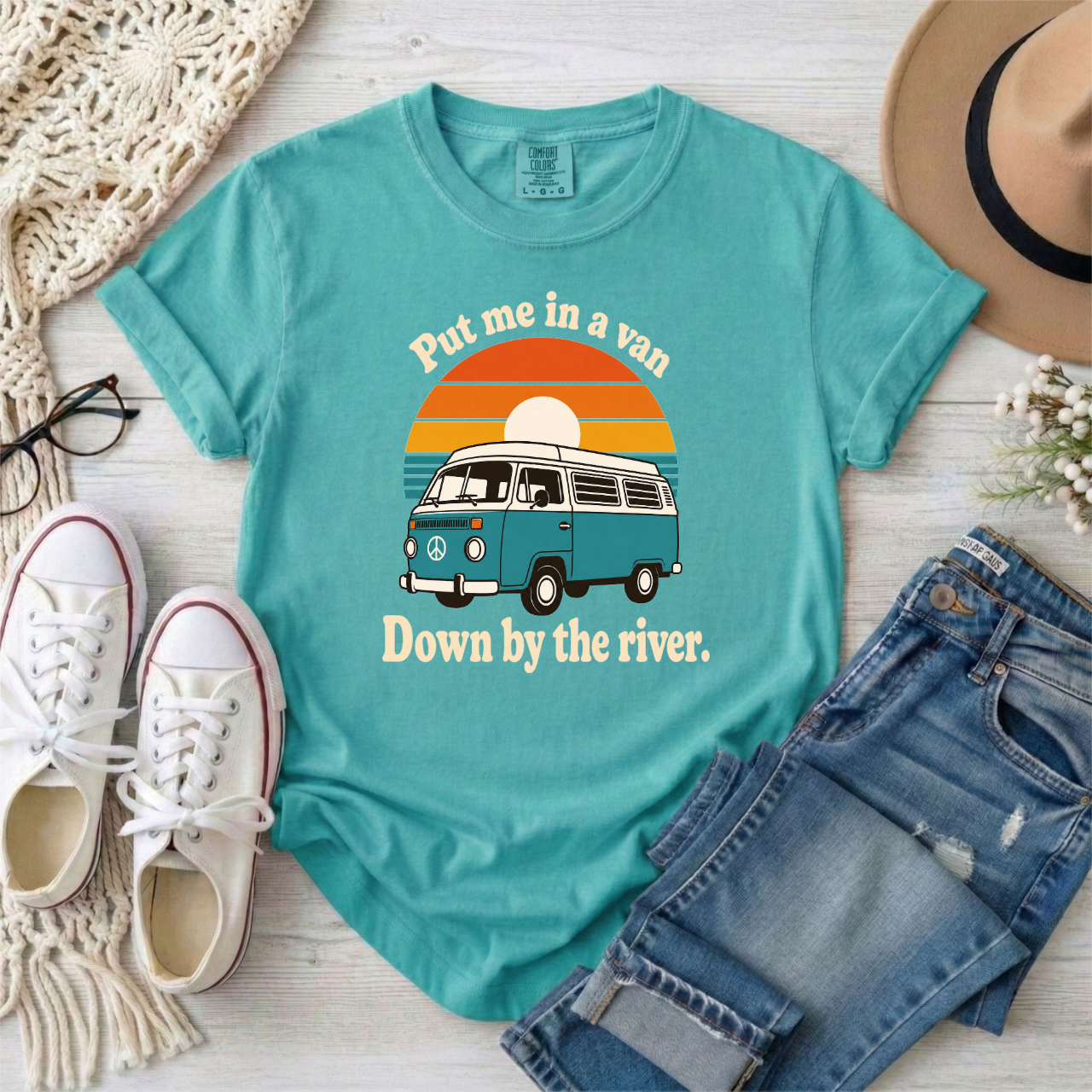 "Put me in a van Down by the river" Retro Camper Van T-Shirt – Vintage Sunset Tee