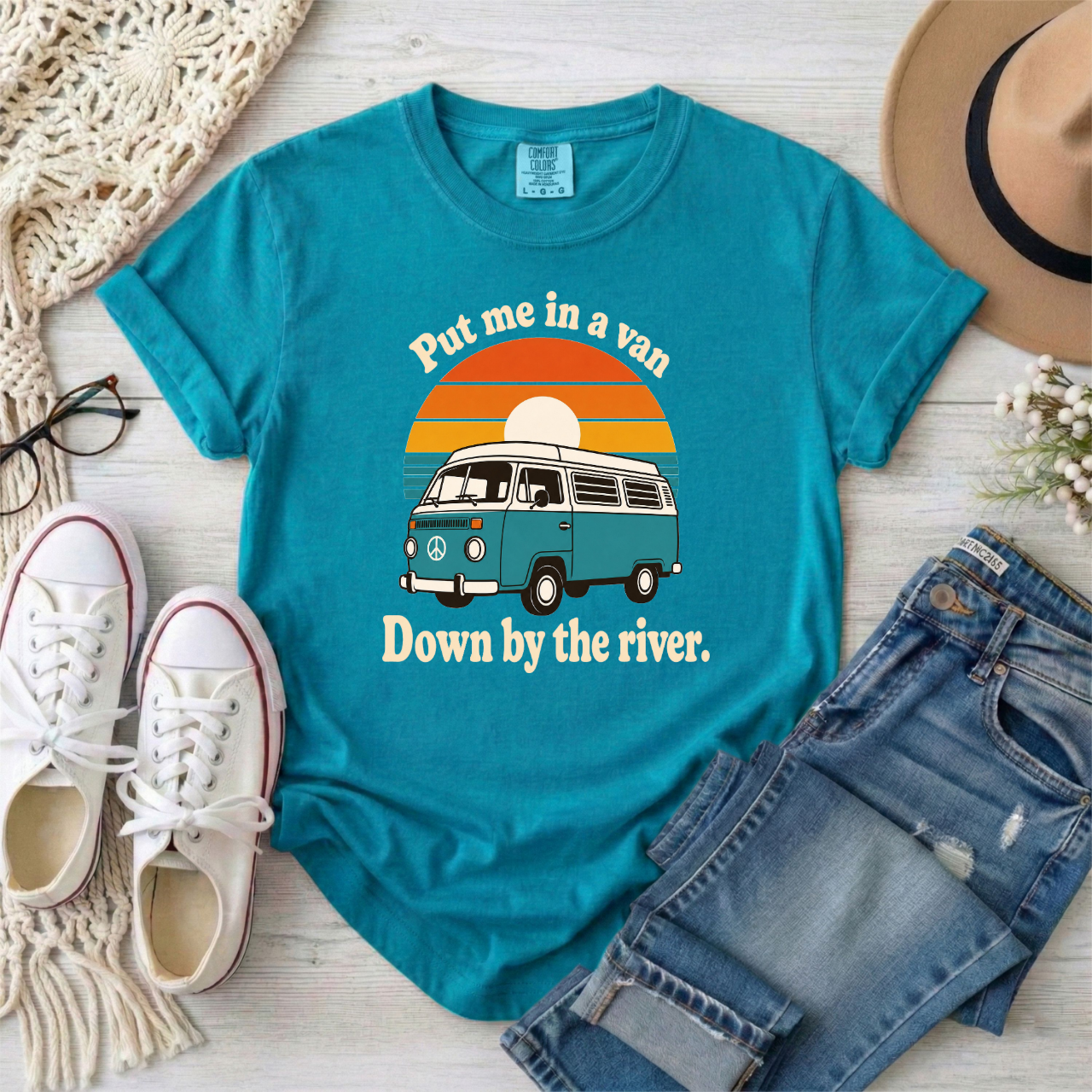 "Put me in a van Down by the river" Retro Camper Van T-Shirt – Vintage Sunset Tee