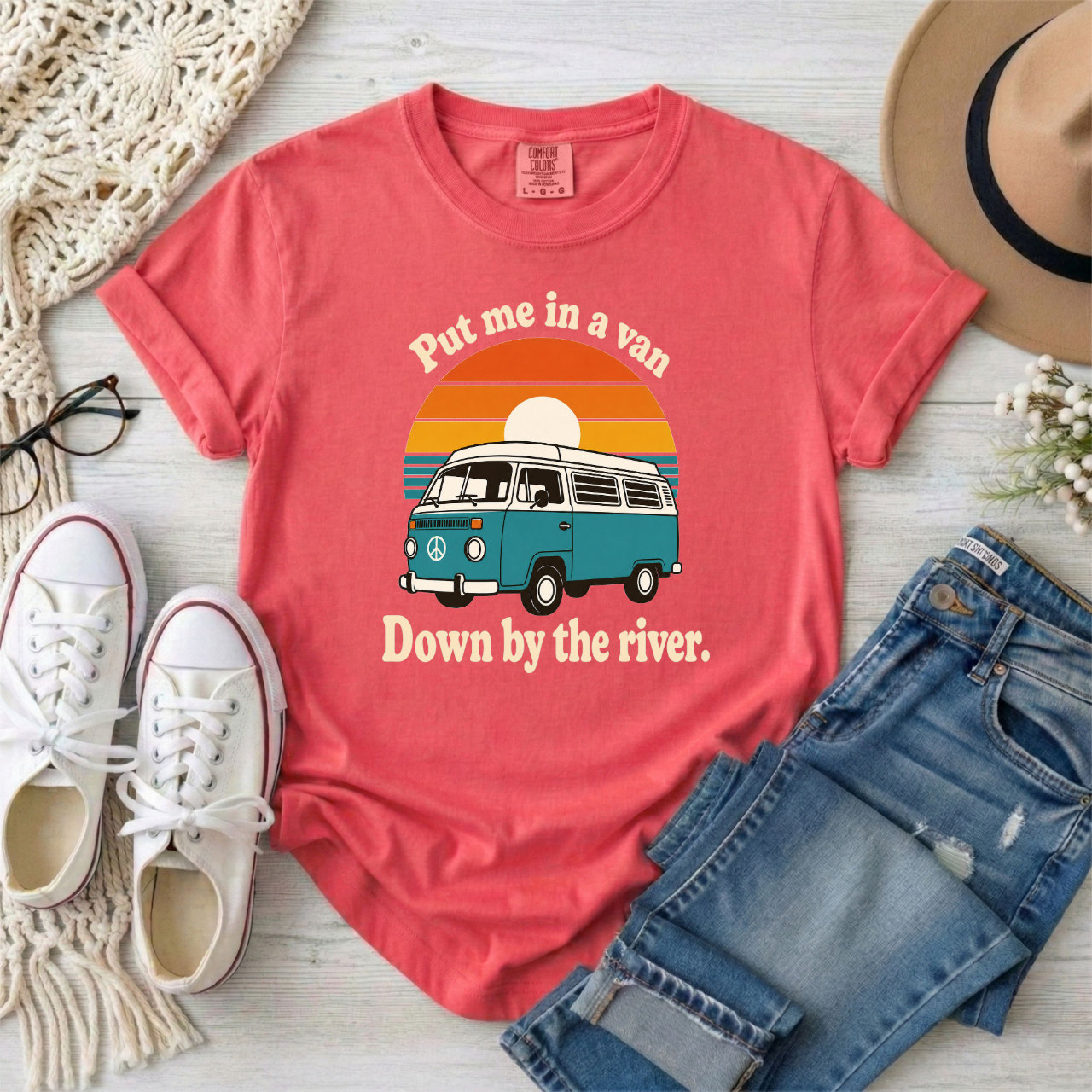 "Put me in a van Down by the river" Retro Camper Van T-Shirt – Vintage Sunset Tee