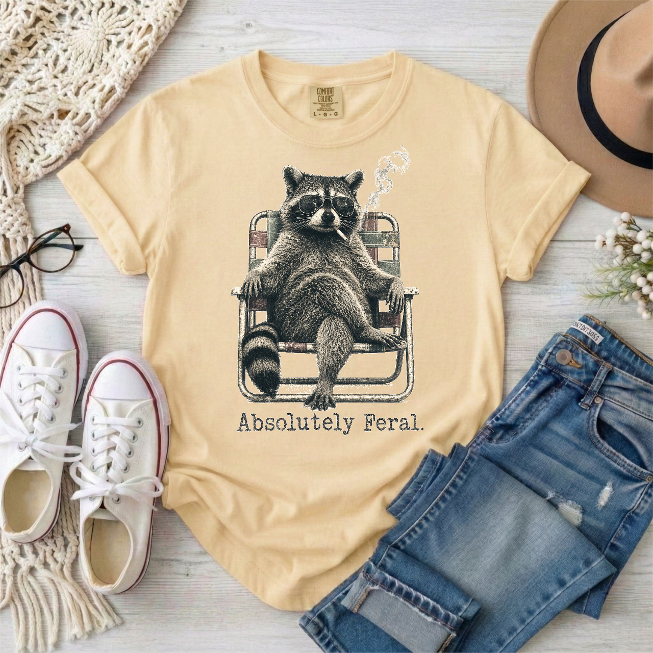 Absolutely Feral Smoking Raccoon in a Lawn Chair T-Shirt