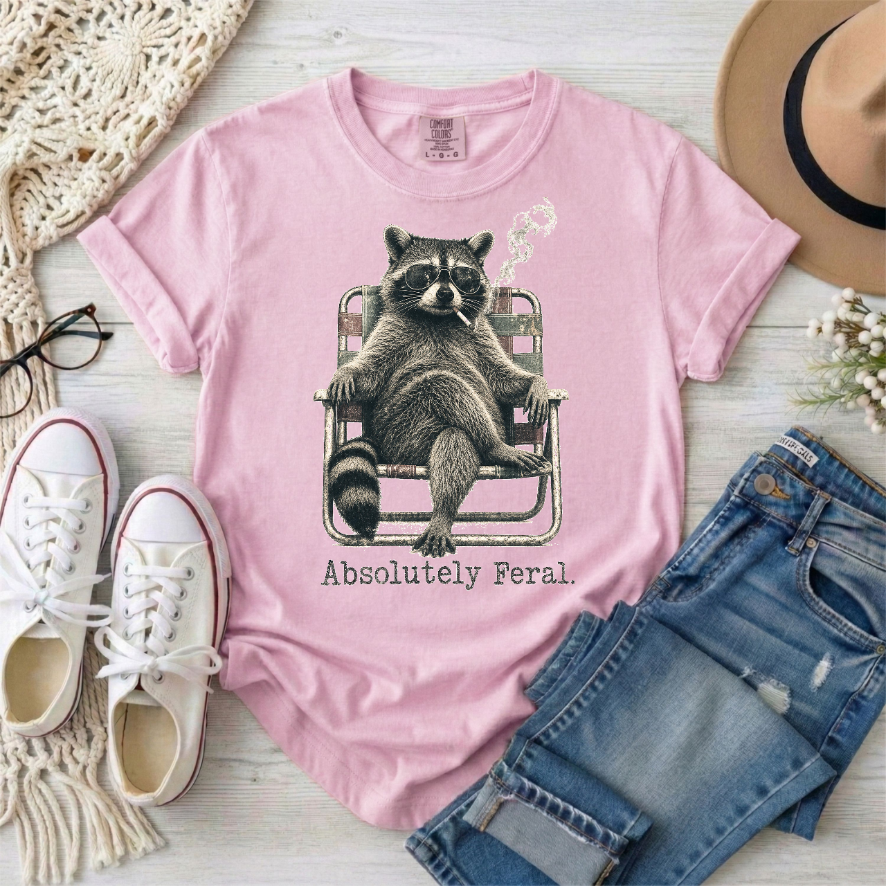 Absolutely Feral Smoking Raccoon in a Lawn Chair T-Shirt