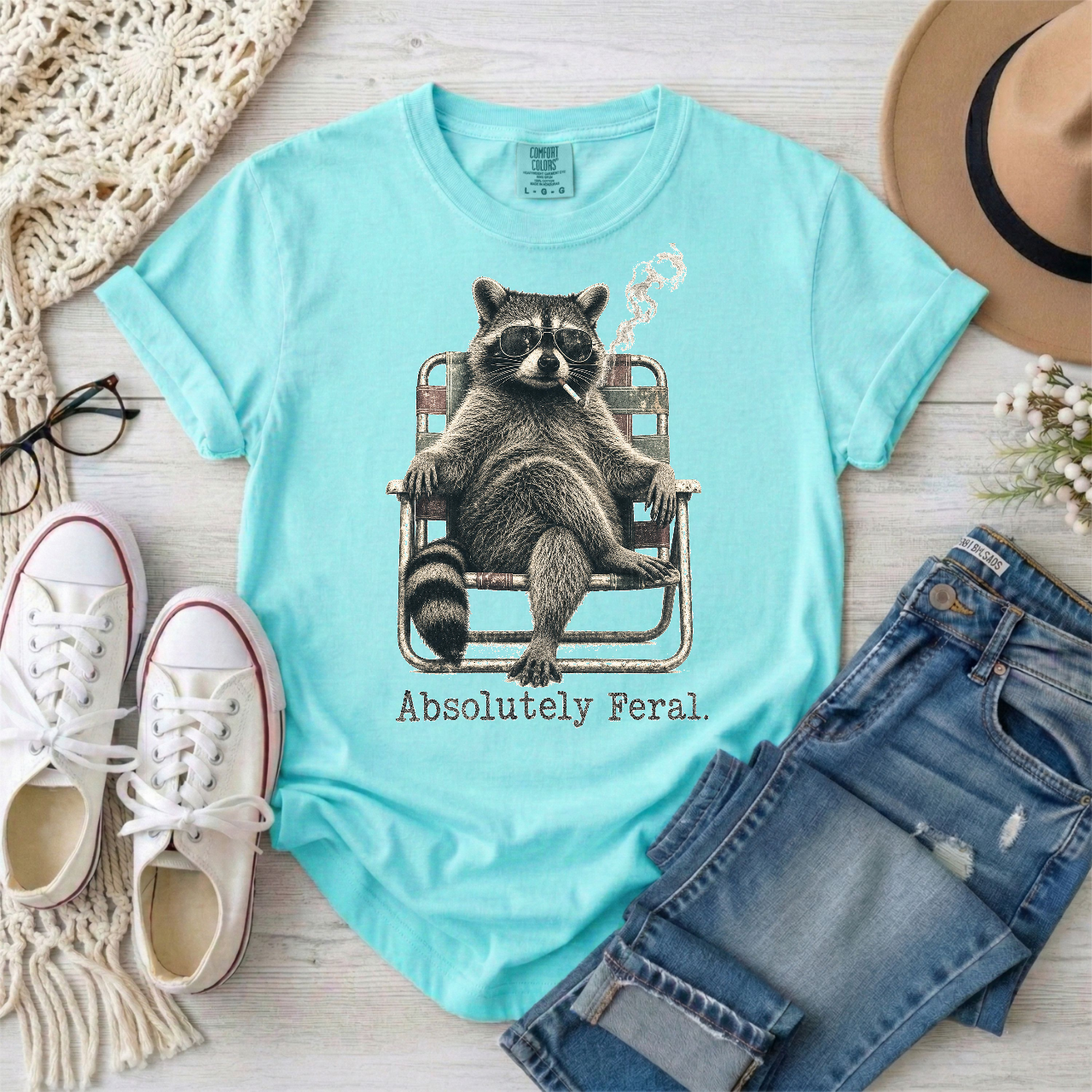 Absolutely Feral Smoking Raccoon in a Lawn Chair T-Shirt