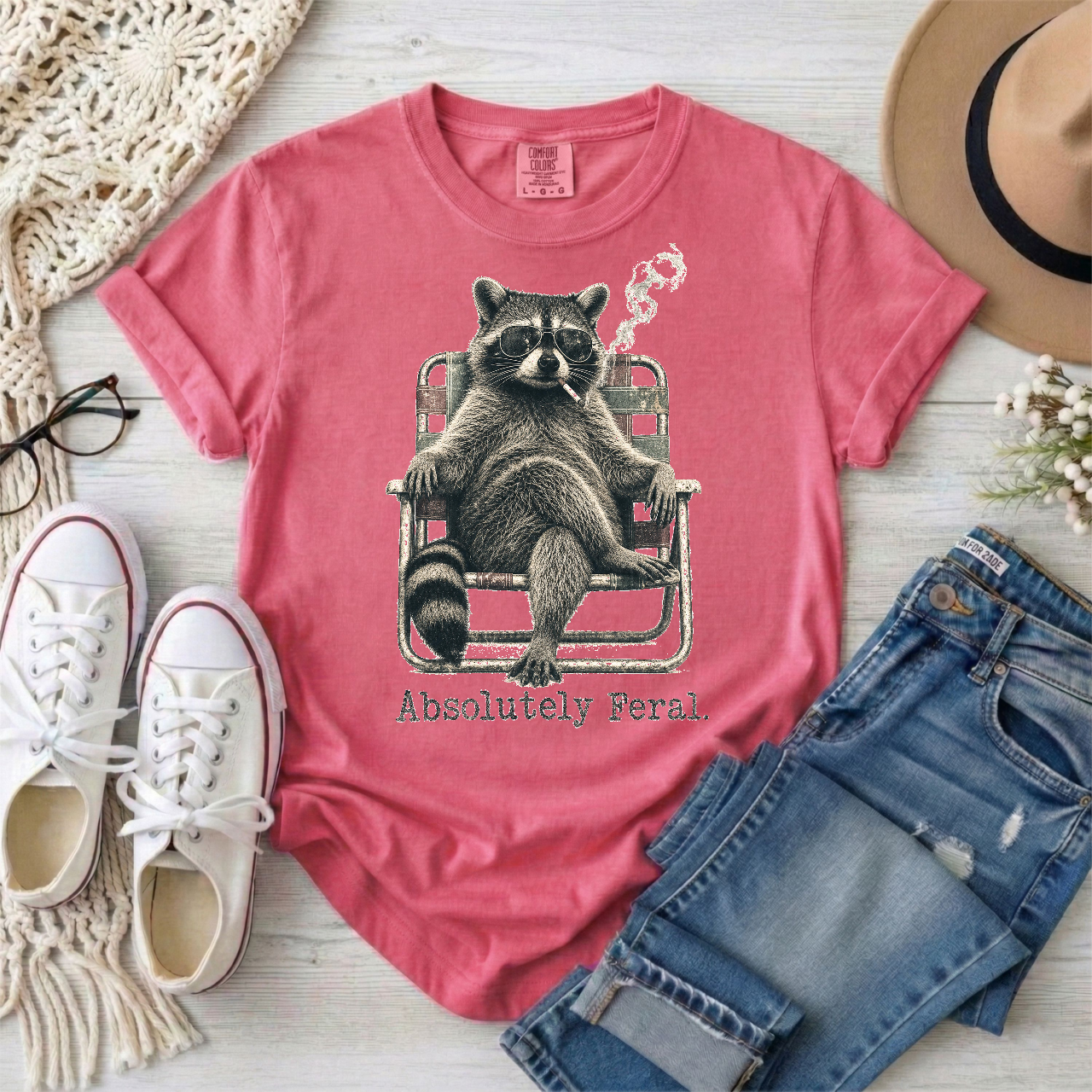 Absolutely Feral Smoking Raccoon in a Lawn Chair T-Shirt