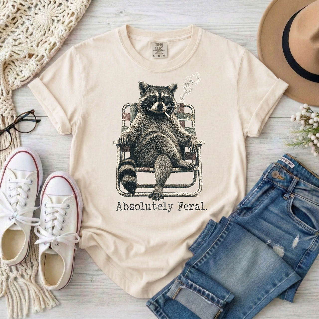 Absolutely Feral Smoking Raccoon in a Lawn Chair T-Shirt