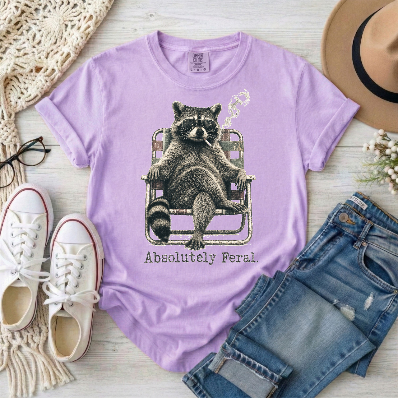 Absolutely Feral Smoking Raccoon in a Lawn Chair T-Shirt