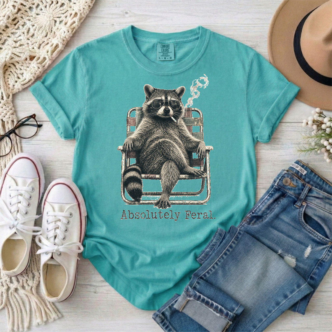 Absolutely Feral Smoking Raccoon in a Lawn Chair T-Shirt