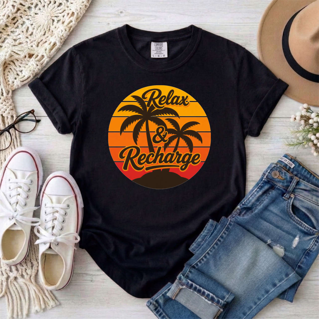 Relax & Recharge T-Shirt — Retro Palm Beach Vacation Tee