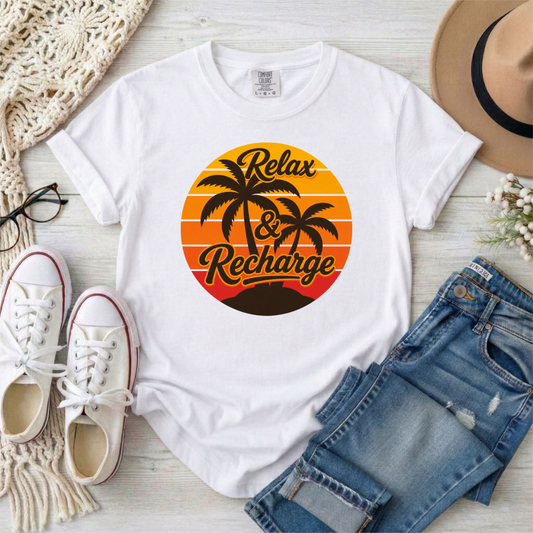 Relax & Recharge T-Shirt — Retro Palm Beach Vacation Tee