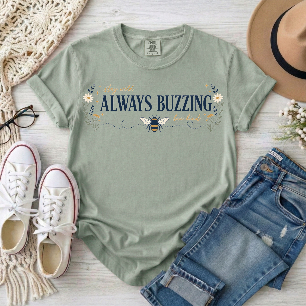Always Buzzing Bee T-Shirt — Floral ADHD Busy Bee Graphic Tee