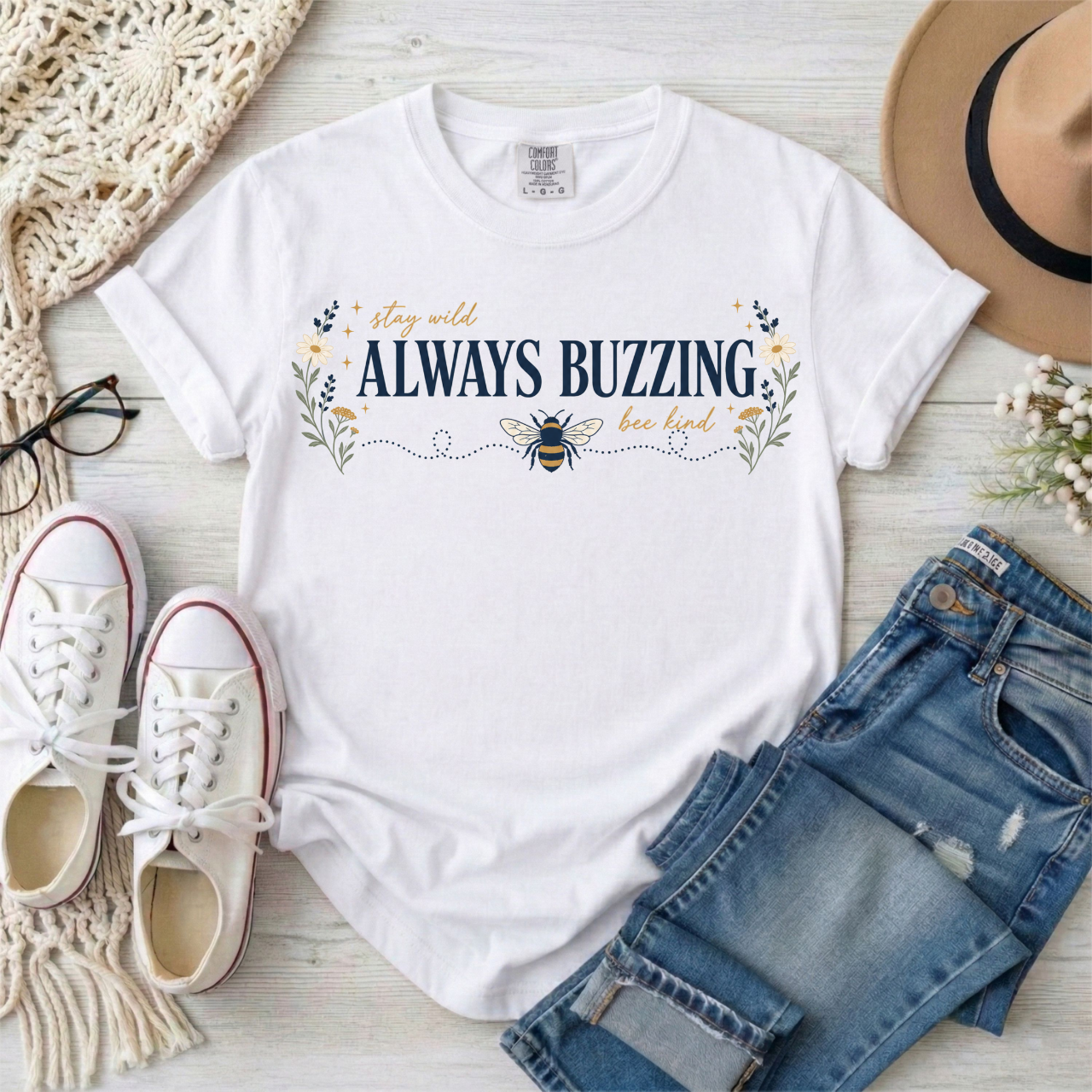 Always Buzzing Bee T-Shirt — Floral ADHD Busy Bee Graphic Tee